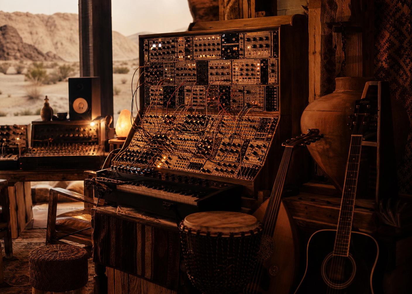 Hands on synthesizer in warm amber light